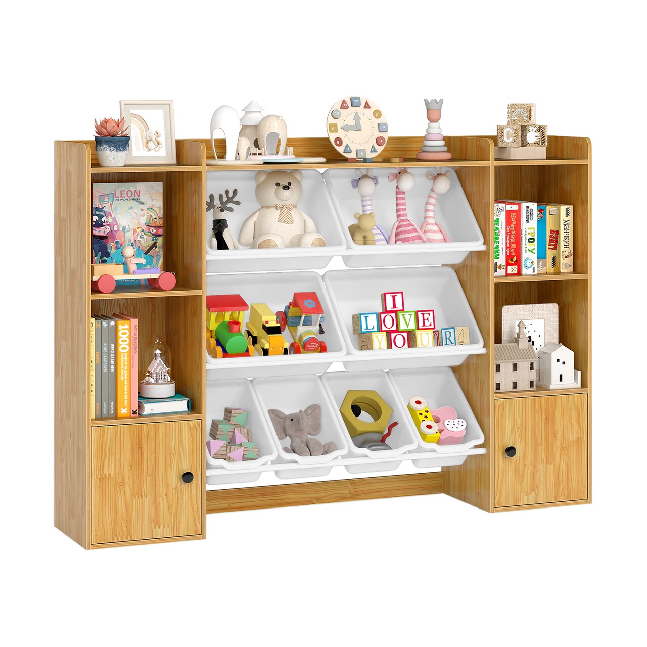 Kids Toy Storage Cabinet with 8 Bins, Open Shelves & Single-Door Cabinet Child-Friendly Organizer for Books